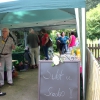 Sekt und Snacks – dahinter der Infostand mit der Blume des Jahres